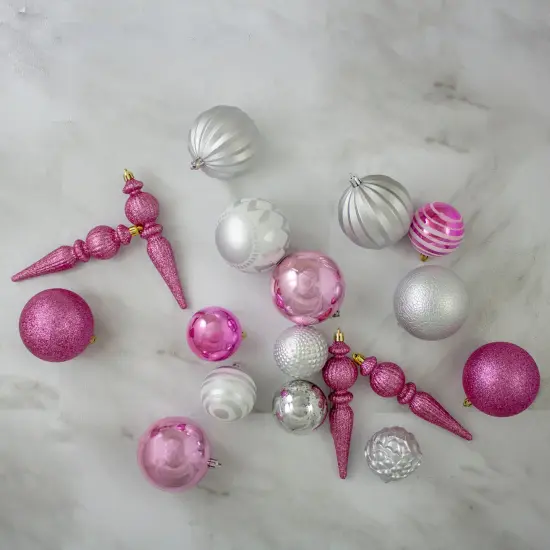 Northlight Shatterproof 3-Finish Christmas Ball and Finial Ornaments -Pink and Silver - 75ct {3}