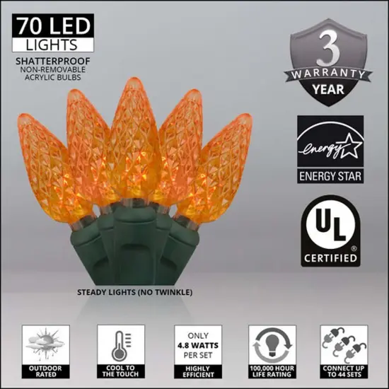70 Orange C6 LED Christmas Lights, Green Wire, 4" Spacing {3}