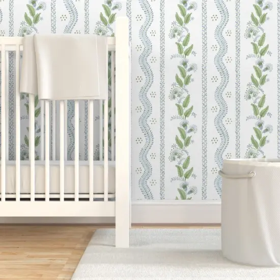 Pre-Pasted Wallpaper 2FT Wide Regency Floral Folk Art Light Blue Leaves Flower Vine Traditional Watercolor Custom Pre-pasted Wallpaper by Spoonflower {7}