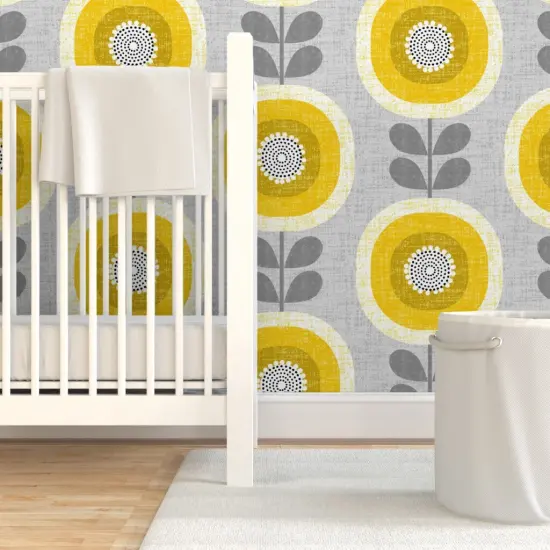 Pre-Pasted Wallpaper 2FT Wide Mid Century Floral Scandi Style Faux Woven Texture Gray Yellow Sunflowers Custom Pre-pasted Wallpaper by Spoonflower {7}