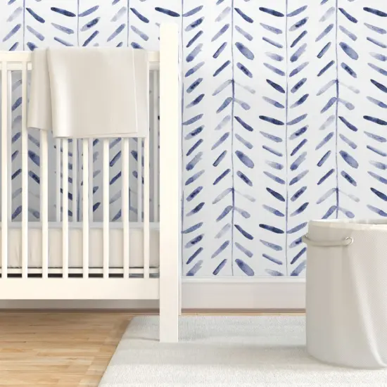 Pre-Pasted Wallpaper 2FT Wide Herringbone Hand Drawn Painterly White Blue Shibori Inspired Geometric Indigo Large Scale Simple Basic Custom Pre-pasted Wallpaper by Spoonflower {7}