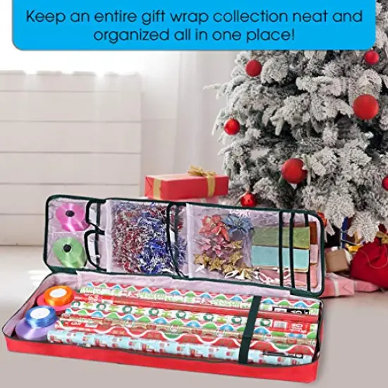 Christmas Wrapping Paper Storage Bag with Pockets | Gift Wrap Organizer Container | 37” x 14” x 4” | Underbed Durable Box Made of 600D Oxford Material (Red) {1}