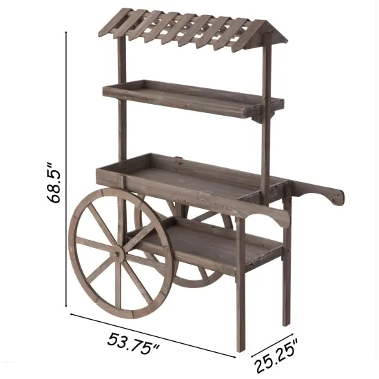 Antique Rustic Solid Wood decor Display Rack Cart Wood Plant Stand 3 Tier with Wheels for Display, Wood Wagon with Shelves for Plants and More {4}