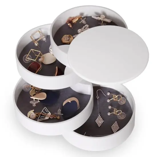 Jewelry Organizer, Small Jewelry Storage Box Earring Holder for Women, 5-Layer Rotating Travel Jewelry Tray Case with Lid for Bracelets Rings Bracelets, Gift for Women Teen Girls(White) {2}