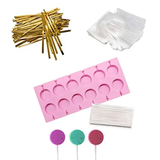 12 Capacity Silicone Lollipop Molds,Chocolate Hard Candy Mold with 50 Pieces 4 inch Lollypop sucker sticks,Candy Treat Bags,gold ties. (Round pink) {2}