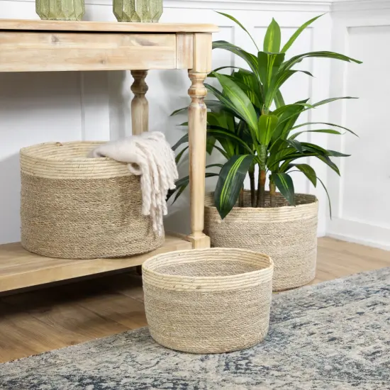 Northlight Set of 3 Twisted Weave and Zig Zag Sewn Seagrass Storage Baskets 16.5" Beige {3}