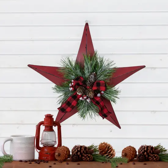Northlight 17" Red distressed 5 point Christmas Star With Plaid Ribbon with Artificial Pine {3}
