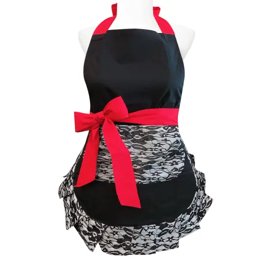 Wrapables Classic Vintage Apron, Stylish Cooking Apron, Mysterious Black Lace {1}