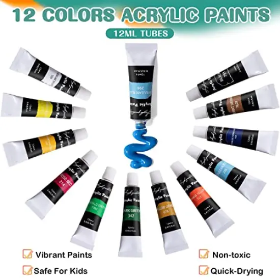 Acrylic Paint Set for Kids, Art Painting Supplies Kit with 12 Paints, 5 Canvas Panels, 8 Brushes, Table Easel, Etc, Premium Paint Set for Students, Artists and Beginner. {6}