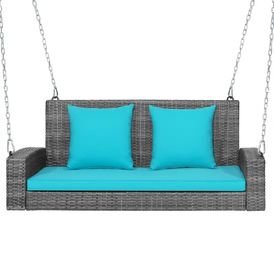 2-Person Patio PE Wicker Hanging Porch Swing Bench Chair with Cushion Turquoise {3}
