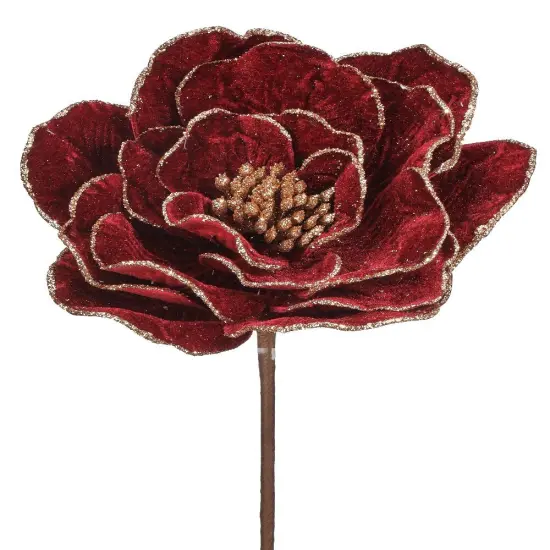 24" Burgundy Beaded Edge Velvet Peony Stem | Luxurious Christmas Floral Decoration {1}