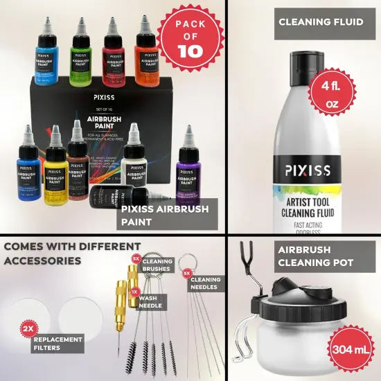 Pixiss Air Brush Painting Set with Airbrush Cleaner Pot and Brush Cleaner Fluid (4 fl oz) - 10 Colors of Acrylic Paint for Airbrush Kit with accessories for Model Paint Kit {2}