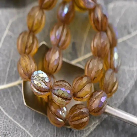*12* 10mm Metallic Brown Washed Matte Amber AB Faceted Round Melon Beads {4}