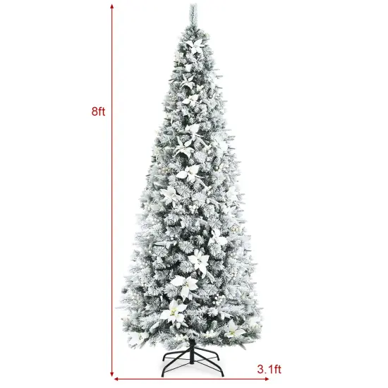 Costway 5ft/6ft/7ft/8ft Pre-lit Snow Flocked Christmas Tree w/ Berries & Poinsettia Flowers {5}