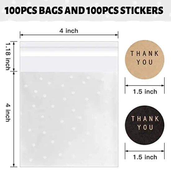 100 PACK Self Adhesive Cookie Bags Cellophane Treat Bags Thank You Candy Bags for Gift Giving with Stickers(White Polka Dot,4x4 INCH) {1}