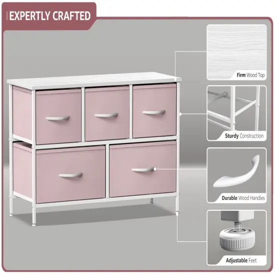 Sorbus Dresser with 5 Drawers - Storage Chest Organizer Unit with Steel Frame, Wood Top, Easy Pull Fabric Bins - Long Wide TV Stand for Bedroom Furniture, Hallway, Closet & Office Organization Pink {4}