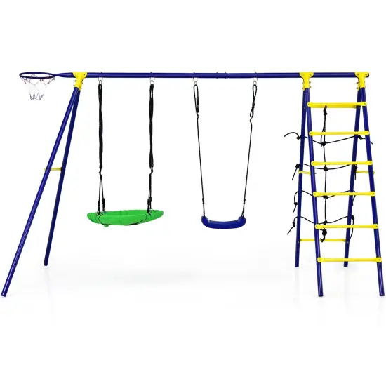 5-In-1 Outdoor Kids Swing Set with A-Shaped Metal Frame and Ground Stake {3}