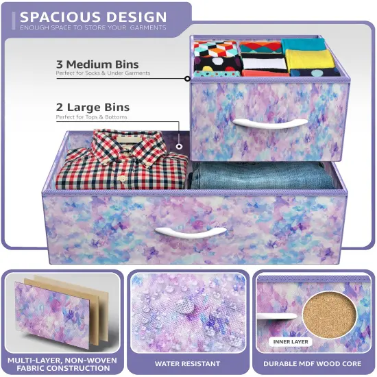 Sorbus Dresser with 5 Drawers - Storage Chest Organizer Unit with Steel Frame, Wood Top, Easy Pull Fabric Bins - Long Wide TV Stand for Bedroom Furniture, Hallway, Closet & Office Organization Tie Dye Purple {5}