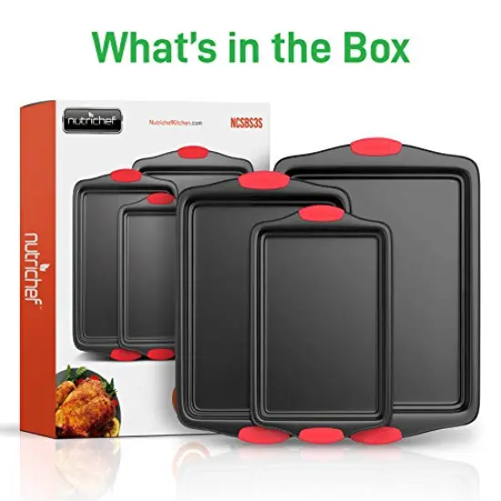 3 Pieces Non-Stick Kitchen Oven Baking Pans-Deluxe & Stylish Nonstick Gray Coating Inside Outside, Commercial Grade Restaurant Quality Metal Bakeware with Red Silicone Handles NCSBS3S, 3 Piece Set {3}