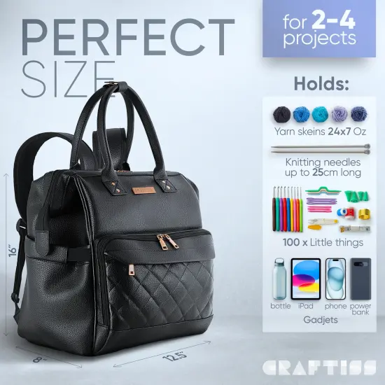 Yarn Storage Backpack for Knitting & Crocheting on the Go - Faux Leather Water-Resistant Bag with USB Port {2}