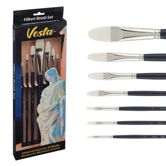 Creative Mark Vesta Synthetic Bristle Artist Paint Brushes for Acrylic Painting - Long Handle Acrylic Paint Brush Sets Mimic Chungking Bristles for Oils and Alkyds - Filbert, Bright, Flat, Round {6}