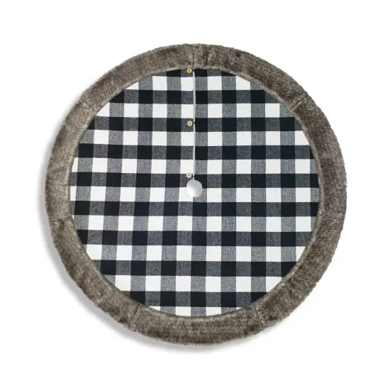 Black and White Buffalo Plaid Tree Skirt With Faux Fur Trim - 60" {2}