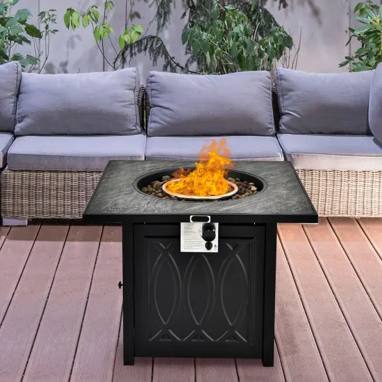32 Inch Propane Fire Pit Table Square Tabletop with Lava Rocks Cover 50000 BTU-Black {2}