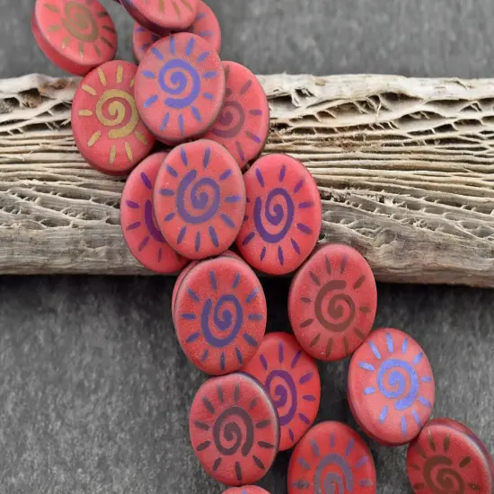 *8* 14mm Opaque Red Satin Sliperit Laser Tattoo Sun Coin Beads {3}