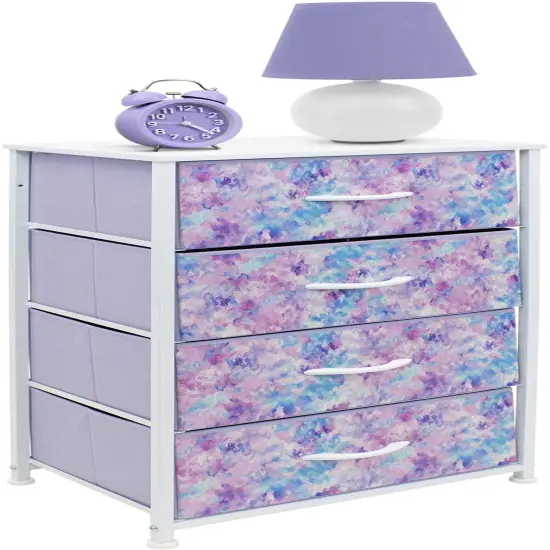 Sorbus Dresser with 4 Drawers - Bedside Furniture & Night Stand End Table Dresser with Steel Frame, Wood Top, Easy Pull Fabric Bins for Home, Bedroom Accessories, Office & Dorm Tie Dye Purple {3}