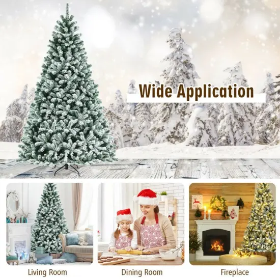 6/7/8 Feet Pre-lit Snow Flocked Christmas Tree with Metal Stand {2}