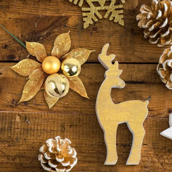 Set of 12: Sparkling Gold Glitter Poinsettia Flower Picks with 3 Ornament Balls | Festive Holiday Accents | Trees, Wreaths, & Garlands | Christmas Picks | Home & Office Decor - 2024 Christmas Collection, Floral Home by Artificial Flowers {2}