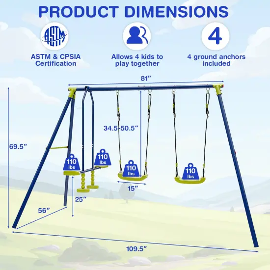 440 Pounds Kids Swing Set with Two Swings and One Glider {4}