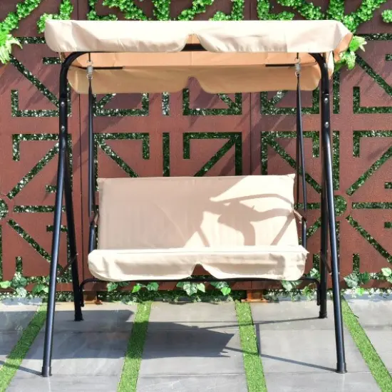 2-Seat Outdoor Swing Chair with Canopy, Cushions, Steel Frame, 440 lbs Capacity Beige {3}