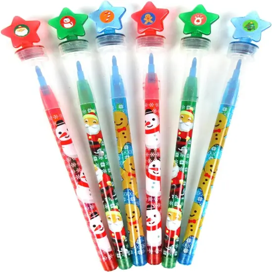 TINYMILLS 24 Pcs Christmas Holidays 2 in 1 Stackable Stacking Crayon with Extra Stamper Topper, Kids Party Favors, Goodie Bag Stuffers, Classroom Rewards, Prizes {2}