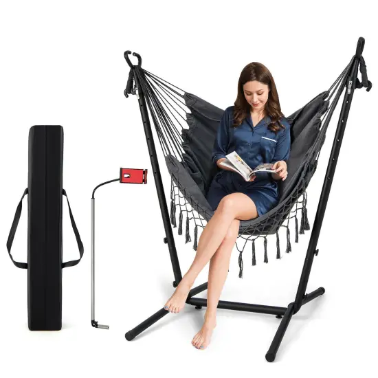 Height Adjustable Hammock Chair with Phone Holder and Side Pocket-grey {4}