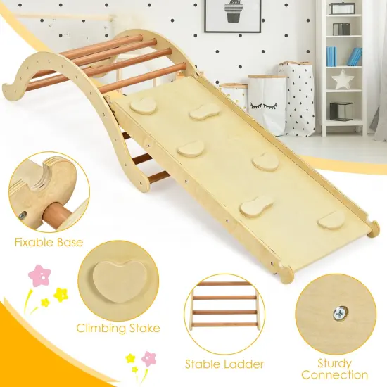 3-in-1 Kids Climber Set Wooden Arch Triangle Rocker with Ramp and Mat Natural {5}
