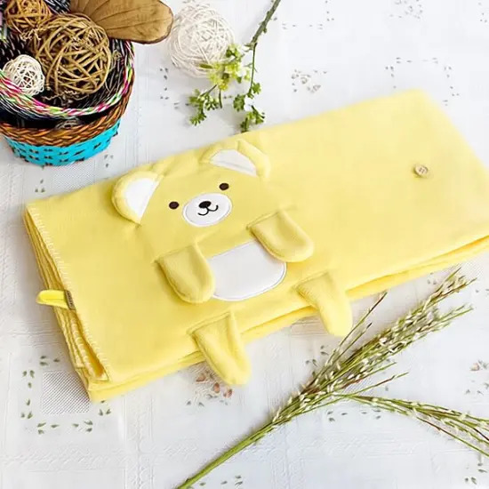 Happy Bear Embroidered Applique Coral Fleece Baby Throw Blanket Yellow {2}