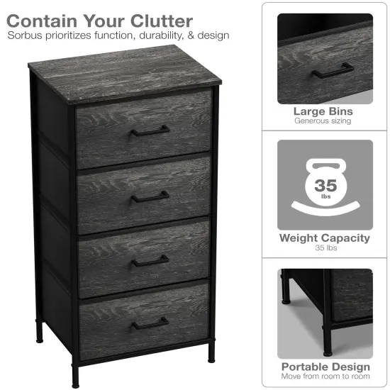 Sorbus Dresser with 4 Drawers - Bedside Furniture & Night Stand End Table Dresser with Steel Frame, Wood Top, Easy Pull Fabric Bins for Home, Bedroom Accessories, Office & Dorm Rustic Black {5}