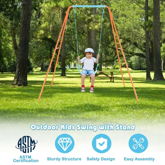 Outdoor Kids Swing Set with Heavy Duty Metal A-Frame and Ground Stakes Orange {3}
