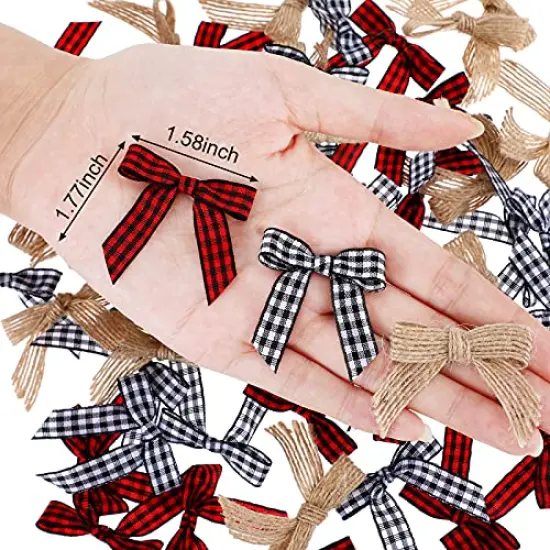 Christmas Mini Burlap Bow Buffalo Plaid Bow White and Black Checkered Bows Red and Black Gingham Ribbon Bows Farmhouse Home Decoration for Christmas Tree DIY Crafts, 3 Colors (120 Pieces) {5}