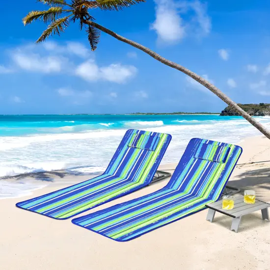 3 Pieces Beach Lounge Chair Mat Set 2 Adjustable Lounge Chairs with Table Stripe Blue and Green {2}