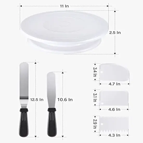 Cake Decorating Kit Baking Supplies Cake Turntable with 2 Frosting Straight Angled Spatula 3 Icing Smoother Scrapers Baking Accessories Tools for Beginners and Pros, White {1}