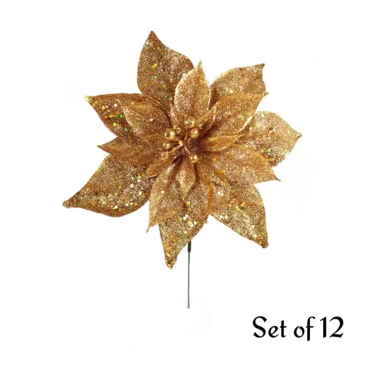 12 Pack: Gold Glitter Poinsettia Picks, Sparkling Decorative Flowers for Christmas Holiday Crafts & Arrangements, Perfect Festive Accents - 2024 Christmas Collection, Floral Home by Artificial Flowers {1}