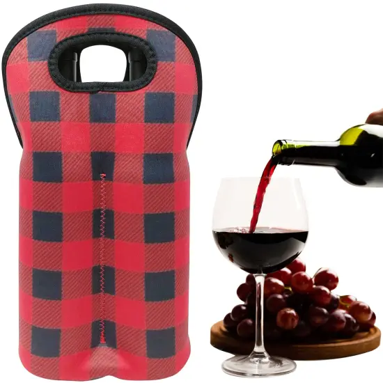 Wrapables Insulated Neoprene Wine Tote, Two Bottle / Red Checkers {6}