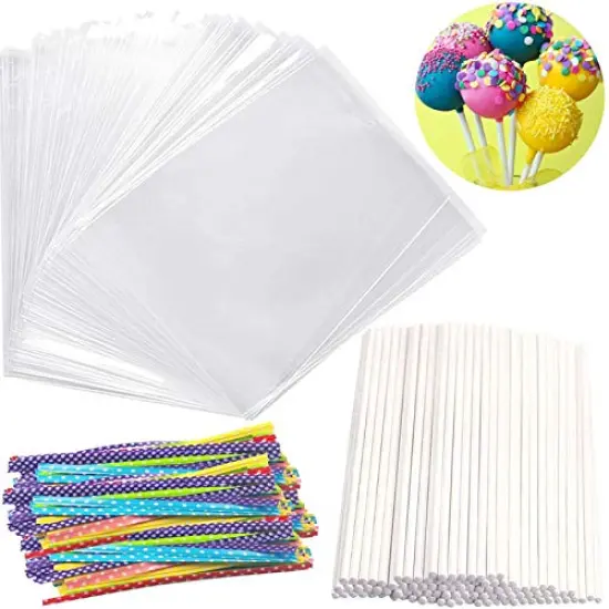 100 Pieces Big Size Lollipop Cake Pop Treat Bag Set Including Parcel Bags, 100pcs Papery Treat Sticks, 100pcs Colorful Metallic Twist Ties for Making Lollipops, Cake Pops, Candies, Chocolates and Cookies {2}