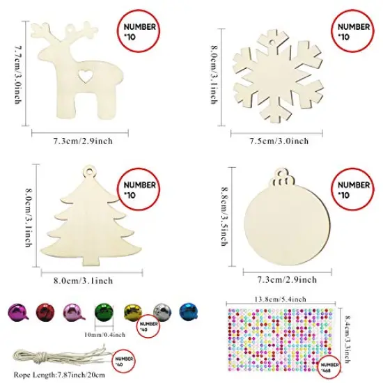 Hidreas 40 Pcs Wooden Ornaments Unfinished Christmas DIY Ornaments Craft Kit, Christmas Wood Ornaments with Bells, Wax Rope and Rhinestone Stickers for Children Arts and Crafts Supplies {6}