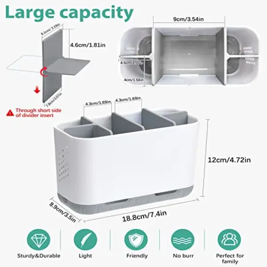 Boperzi Toothbrush and Toothpaste Holder Drainage for Bathroom Countertop with Adjustable Dividers, Large Toothpaste Caddy Organizer Storage Rustic Anti-Slip for Shower, Kitchen, Family, Kids Gray {3}