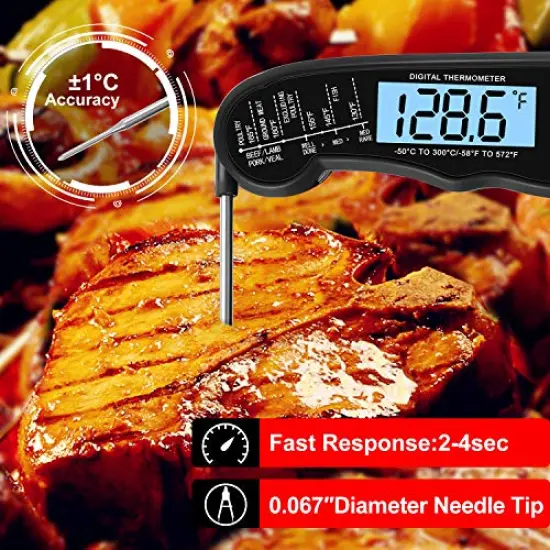 Waterproof Digital Instant Read Meat LCD Thermometer with 4.6&rdquo; Folding Probe Backlight & Calibration Function for Cooking Food Candy, BBQ Grill, Liquids,Beef(Black) {5}