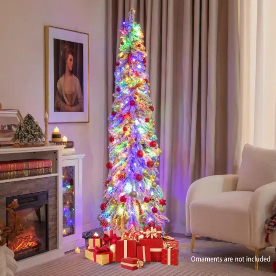 4/5/6 Feet Pre-Lit Artificial Christmas Tree Snow-Flocked Slim Pencil Xmas Decor {8}