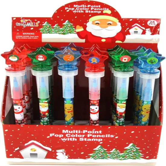 TINYMILLS 24 Pcs Christmas Holidays 2 in 1 Stackable Stacking Crayon with Extra Stamper Topper, Kids Party Favors, Goodie Bag Stuffers, Classroom Rewards, Prizes {1}